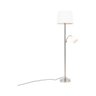 QAZQA Qazqa + Cl&aacute;sico/antiguo L&aacute;mpara De Pie Cl&aacute;sica De Acero Con Pantalla Blanca Y Luz De Lectura - Retro Textil /acero Alargada Adecuado Para Led Max. 1 X