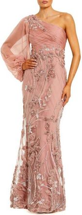 Mac Duggal Womens One Shoulder Chiffon Gown with Embroidered Floral Skirt in Mocha at Nordstrom, Size 10