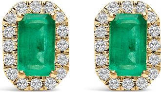 House of Brilliance 10K Gold 5x3mm Emerald-Cut Gemstone and 1/7 Cttw Diamond Halo Octagonal Stud Earrings in Green Emerald | Yellow at Nordstrom