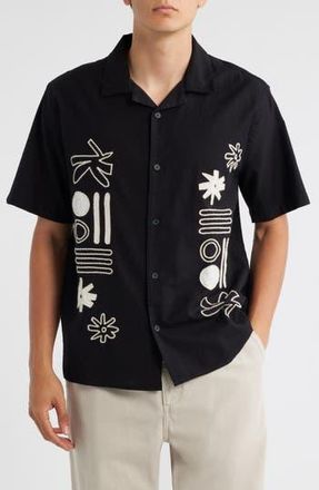 Wax London Didicot Embroidered Appliqu&eacute; Cotton Camp Shirt in Black /Ecru at Nordstrom Rack, Size Large