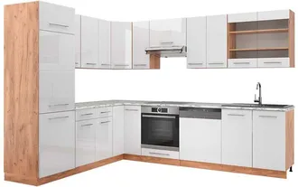 Vicco Cucina angolare completa Fame-Line, Bianco lucido/oro power oak, 227 x 287 cm, pl Marmo