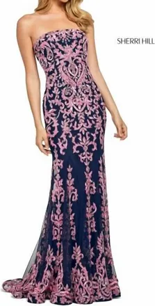 Sherri Hill Lace Up Back Beaded Gown In Navy Pink