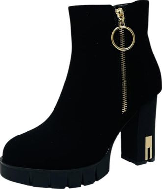 Generic Womens Block Heel Faux Suede Zip Ladies Fashion Comfy Party Ankle Boots (Black/Gold, One Size, UK Footwear Size System, Adult, Women, Numeric, Medium,