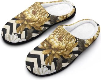 Generic Chrysanthemum Flowers Black White Stripes Mens Slippers House Slipper Anti-skid Sole Indoor Shoes Outdoor Comfort Cotton