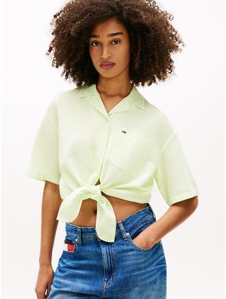 Tommy Hilfiger Womens Tommy Jeans Tie-Front Linen-Blend Shirt - Green - XS