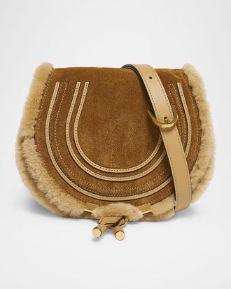 Chloé Marcie Shearling-Trim Suede Saddle Crossbody Bag