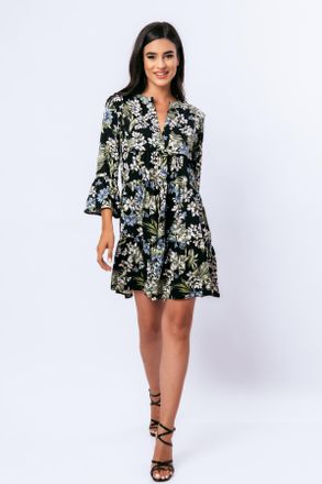 Móveis Conquista Khaki, ecru en blauwe bloemenjurk met klokmouwen