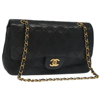 Chanel Vintage Classic Double Flap Quilted Lambskin Black Leather Handbag (Pre-Owned)