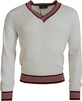 Dolce & Gabbana White Red Knitted V-neck Pullover Mens Sweater
