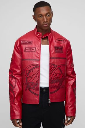 Boohooman Mens Regular Fit Man Racing PU Biker Jacket - Red - Size X-Small