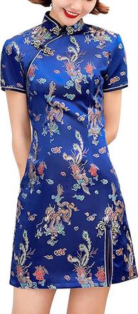 Generic Cheongsam Costume Short Sleeve Side Slit Floral Print Mandarin Collar Vintage Chinese Evening Mini Bodycon Cocktail Outfit, 146-2-blue, L