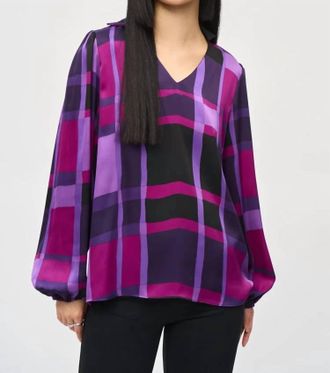 Joseph Ribkoff Satin Abstract Plaid Print Top In Purple Black