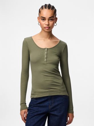 Pieces Langarmshirt PIECES PCKITTE LS TOP NOOS BC, Damen, Gr. XS, deep lichen, Single Jersey, Obermaterial: 95% Baumwolle, 5% Elasthan, unifarben, slim fit n