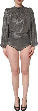 Dolce & Gabbana Womens Silver Rhinestones Long Sleeves Bodysuit Mini Dress Cotton Nylon Elastane