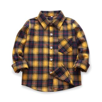 OCHENTA Mens & Boys Flannel Shirts Button Down Long Sleeve Plaid Shirt Family Matching Outfits, E010 Yellow Navy, 12-13 Years
