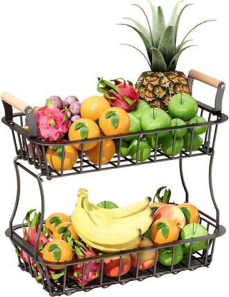Relaxdays Relaxdays 2-tier fruit basket, kitchen fruit bowl, metal basket for fruit and vegetables, wooden handles, black