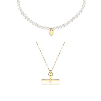 Lily & Roo Gold T-Bar and Large Pearl Personalised Heart Necklace Gift Set