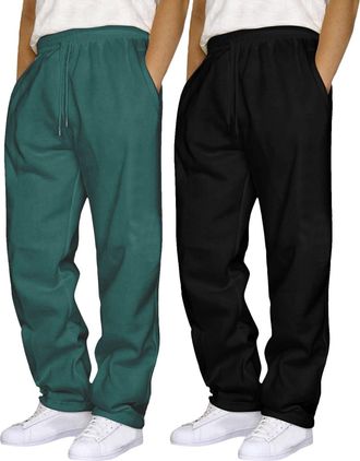 Generic 2PCS Mens Fleece Joggers Warm Sweatpant with Drawstring Casual Tracksuit Bottoms Trousers with Pockets Soft Jogging Bottoms Gym & Lounge Men Wide Stra