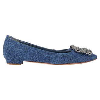Manolo Blahnik Manolo Blahnik Hangisi Versierde Ballerinas in Blauwe Tweed