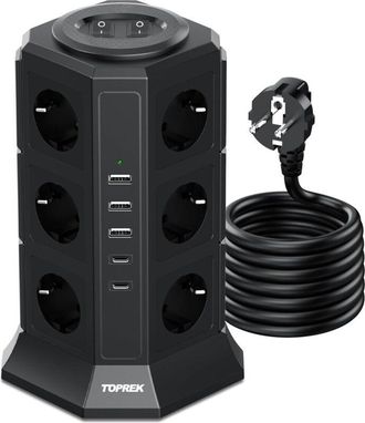 OEM Regleta Con 2 Interruptores, 12 Tomas De Corriente, 3 Puertos Usb-a Y 2 Puertos Usb-c, 4000w/16a, Para Oficina En Casa (negra)