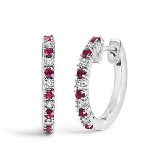 House of Brilliance 10K White Gold Alternating Diamond and Red Ruby Huggy Hoop Earrings (I-J Color, I1-I2 Clarity)