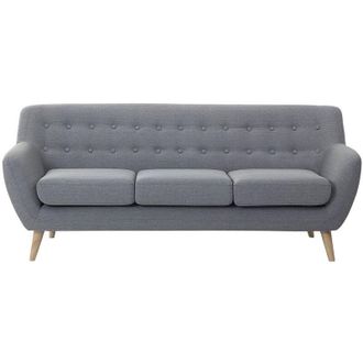 Beliani Sof&aacute; 3 Plazas Tapizado Gris Claro Con Respaldo Copetudo Patas De Madera Clara Acolchadas Gruesas Sala De Estar Minimalista Escandinava Motala