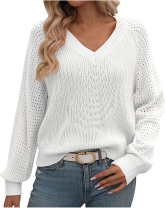Generic Jumpers for Women UK Sale Crewneck Crochet Long Sleeve Hollow Out Sweaters Tops Cable Knit Pullover Ladies Jumpers Solid Color V-Neck Sweater Lightwei