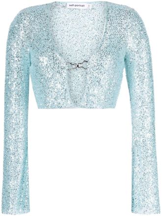 Self Portrait beaded open-front cropped cardigan - Blue
