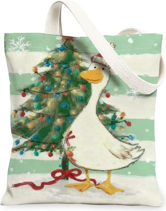 Generic Christmas Duck Canvas Tote Bags, Cute Animal Holiday Pattern Reusable Grocery Bags, Vintage Lightweight Washable Shoulder S, Green, 13x15 Inch