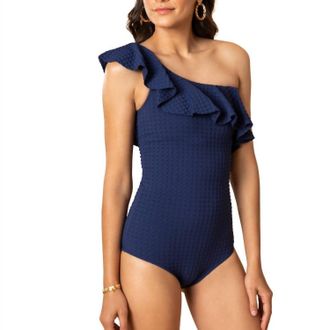 Shoshanna Solid One Shoulder Ruffle One Piece In Navy Gingham