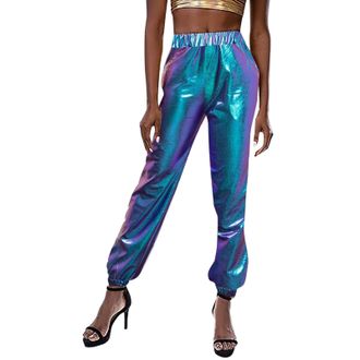 Generic Women Metallic Shiny Pants with Drawstring Jogger Casual Holographic Colour High Waisted Metallic Pants Drawstring with Pockets Disco Hip Hop Theme Pa