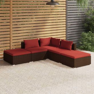 vidaXL Set Sof&aacute;s De Jard&iacute;n 5 Piezas Y Cojines Rat&aacute;n Sint&eacute;tico Marr&oacute;n Vidaxl