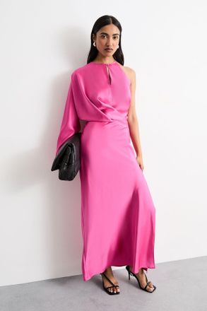 Warehouse Womens One Shoulder Twist Front Keyhole Satin Maxi Dress - Pink - Size 12 UK