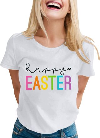 Generic Happy Easter Tee T-Shirt Women Casual Round Neck Easter Letters Printed Easter Ladies T Shirts 2025 Ladies Summer Tops White