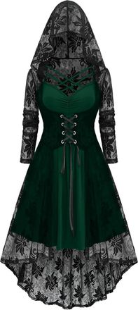 Generic Womens Halloween Gothic Dresses A Line Plus Size Off Shoulder Hooded Halloween Costumes Long Sleeve Casual Y2K Tiered Dress Green XXL