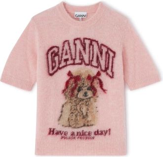 Ganni Tops, Dames, Roze, S, Wol, Brushed Alpaca Graphic T Shirt