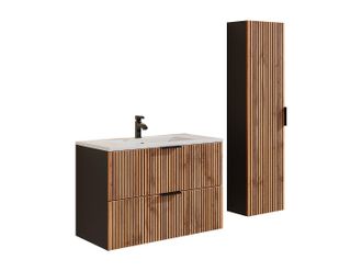 Vente-Unique Mueble de ba&ntilde;o suspendido con lavabo encastrado y armario - Natural claro y negro - 80 cm - MADELA