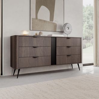 Dmora Aparador Kaba, Mueble 6 Cajones, Un Estante, Puerta Corredera, 163x38x81h Cm Marr&oacute;n Nogal