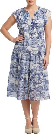 London Times Flutter Sleeve Tiered Midi Dress in Denim at Nordstrom Rack, Size 3X