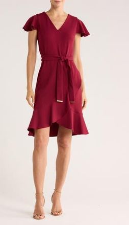 DKNY Short Sleeve Tulip Hem Fit & Flare Dress in Oxblood at Nordstrom Rack, Size 12
