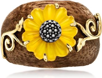 Ross-Simons Wooden Sunflower Ring With Yellow Chalcedony and 18kt Gold Over Sterling
