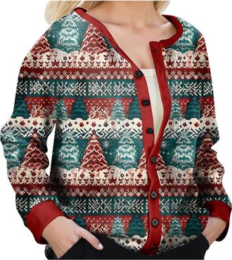 Generic 2025 Christmas Womens Cardigan Lightweight Long Sleeve Button Top Ladies Chunky Cable Knit Reindeer Christmas Print Winter Cardigans Loose Funny Snowm