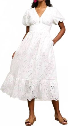 Skies Are Blue Clothing Eyelet Lace Smocked Back Midi Dress In White
