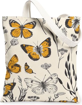 Generic Butterfly Floral Canvas Tote Bags, Elegant Nature Pattern Reusable Grocery Bags, Spring Lightweight Washable Shoulder Strap, Cream, 13x15 Inch