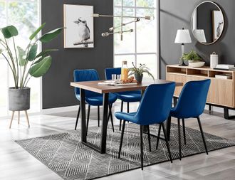 Furniturebox Kylo Brown Wood Effect Dining Table With Black U Legs & 4 Pesaro Velvet Chairs in Navy