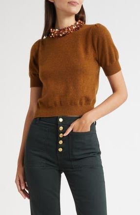 Ulla Johnson Crystal Collar Short Sleeve Cashmere Sweater in Umber at Nordstrom Rack, Size Petite
