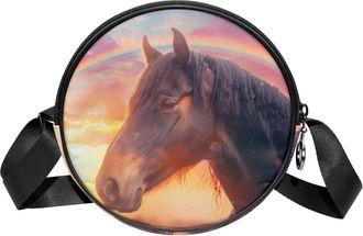 Generic Circle Crossbody Bag for Women, Horse Rainbow Small Sling Bag Daypack with Zipper Adjustable Shoulder Straps Casual Ladies Girls Round Purse