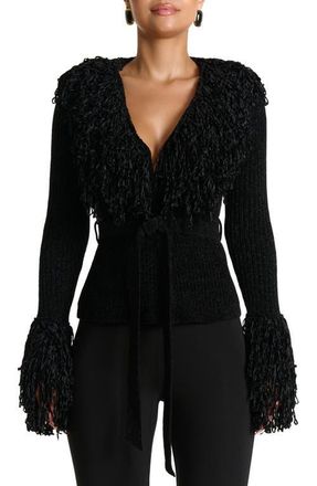 Naked Wardrobe Fringe Tie Waist Chenille Cardigan in Black at Nordstrom, Size Large