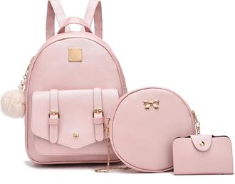 I Ihayner Womens 3 Piece Fashion Leather Backpack Set Mini Backpack Handbag Rucksack Satchel Shoulder Bag for Ladies Gold Pink