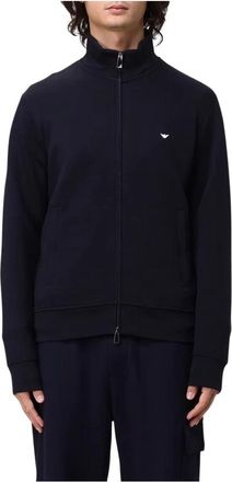 Emporio Armani Sweatshirt met volledige rits in dubbel jersey met micro-adelaar-borduurwerk - Heren - Vesten met rits - Blauw - S - Katoen - Hoodies & sweatvesten